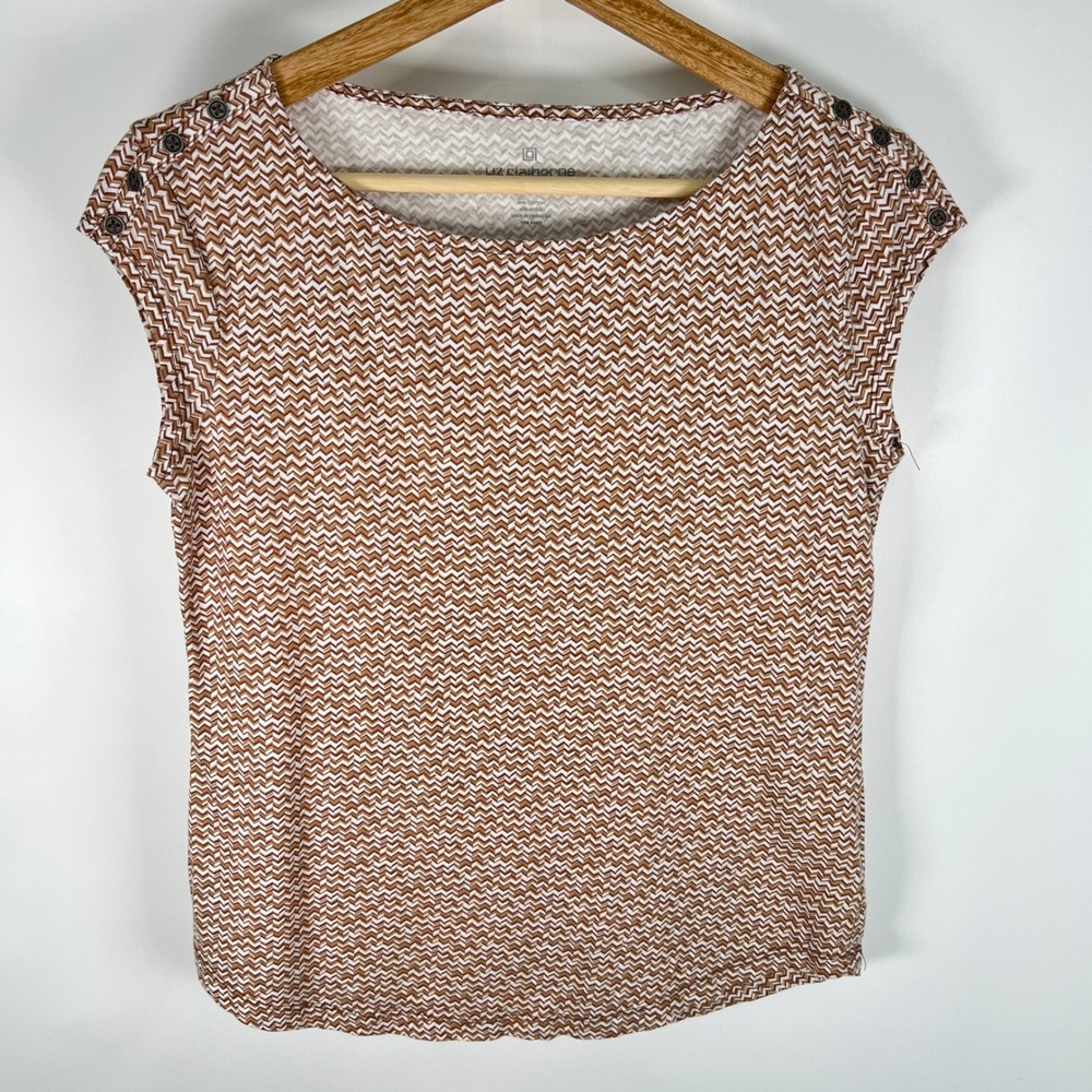 Liz Claiborne Womens‎ Brown White Chevron Cap Sleeve Button Shoulder Top S